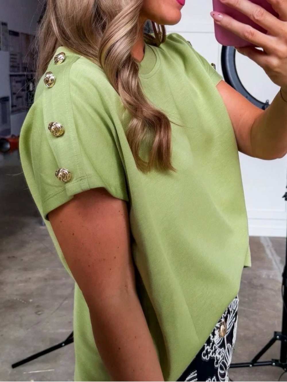 NWT Gold-Button Matcha green Women’s Short Sleeve boxy Top S
